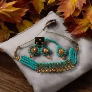 wp-17270006805323987732640661782217.jpg Turquoise Color Choker Set With Earrings And Maangtika