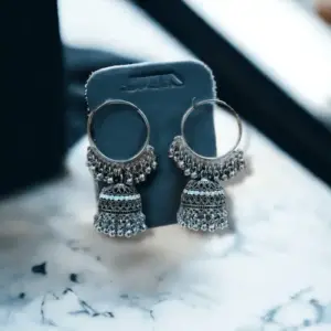 Oxidized Silver-Toned Jhumka Earrings with Rhinestone Accents