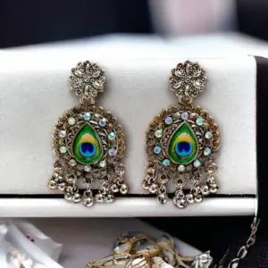 Traditional Oxidized Peacock Drop Earrings With Stone