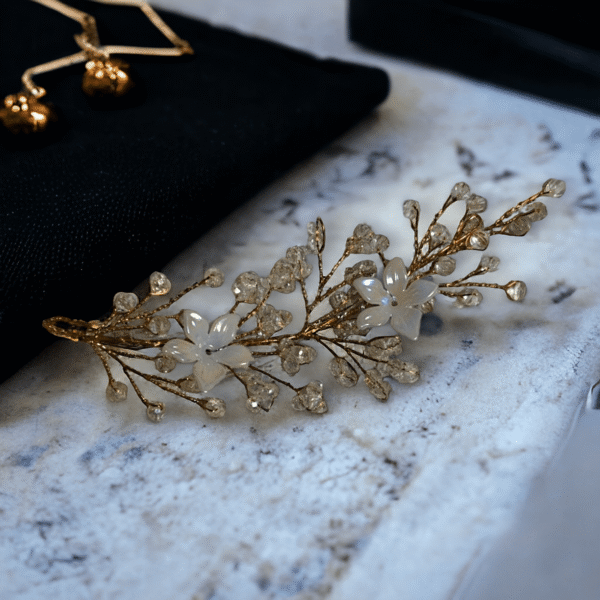 Golden Crystal Pearl With White Flowers Hair Vine/ Hair Pin