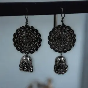 Antique Silver Circular Drop Earrings with Jhumka Tassel