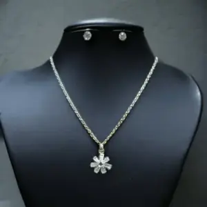 Silver Dazzling Necklace with a Blooming Diamond Flower Pendant With Earrings
