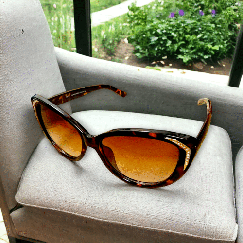 Brown & Black Leopard Cat-Eye Sunglasses with Crystal Embellishment - Image 2